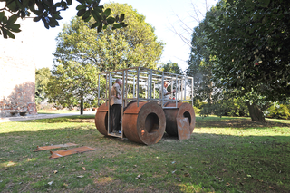 La 74, With Luca Scarabelli durind dismantling process on the occasion of the exhibition "Il Resto del Tempo" al Castello Visconteo of Jerago (VA), 2011